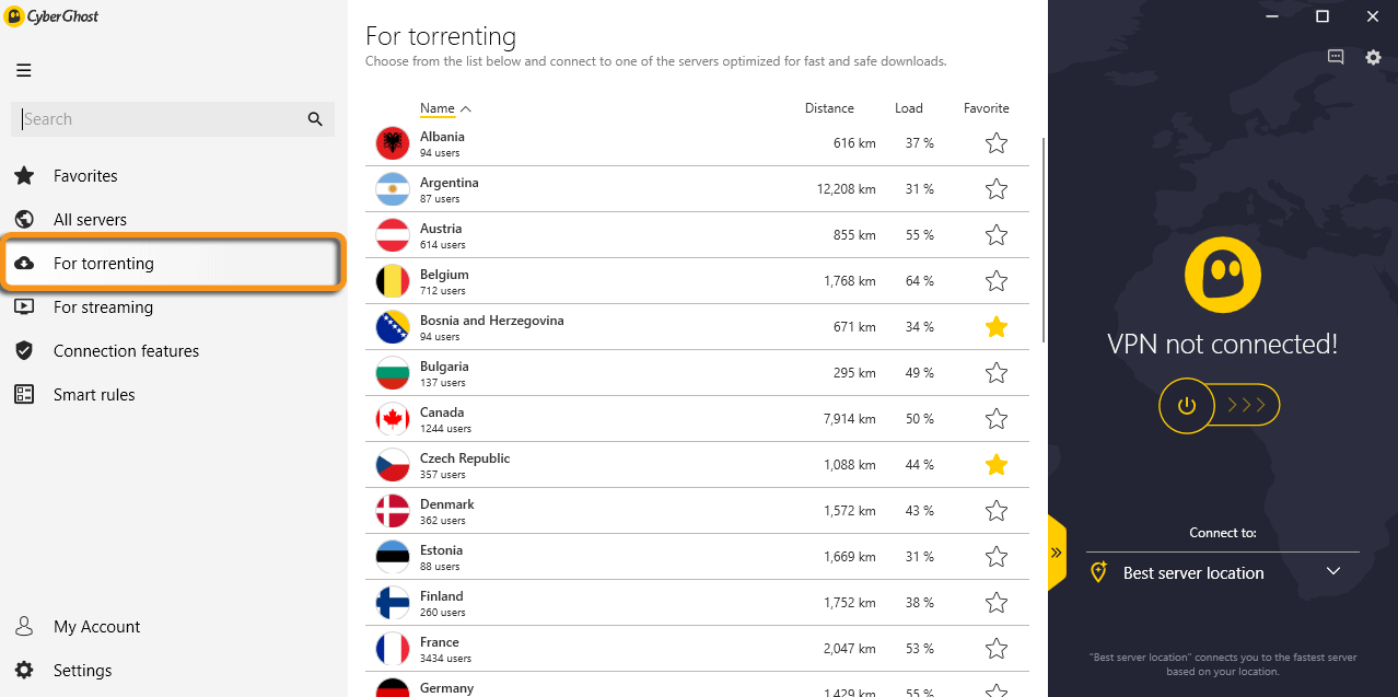 CyberGhost torrenting servers