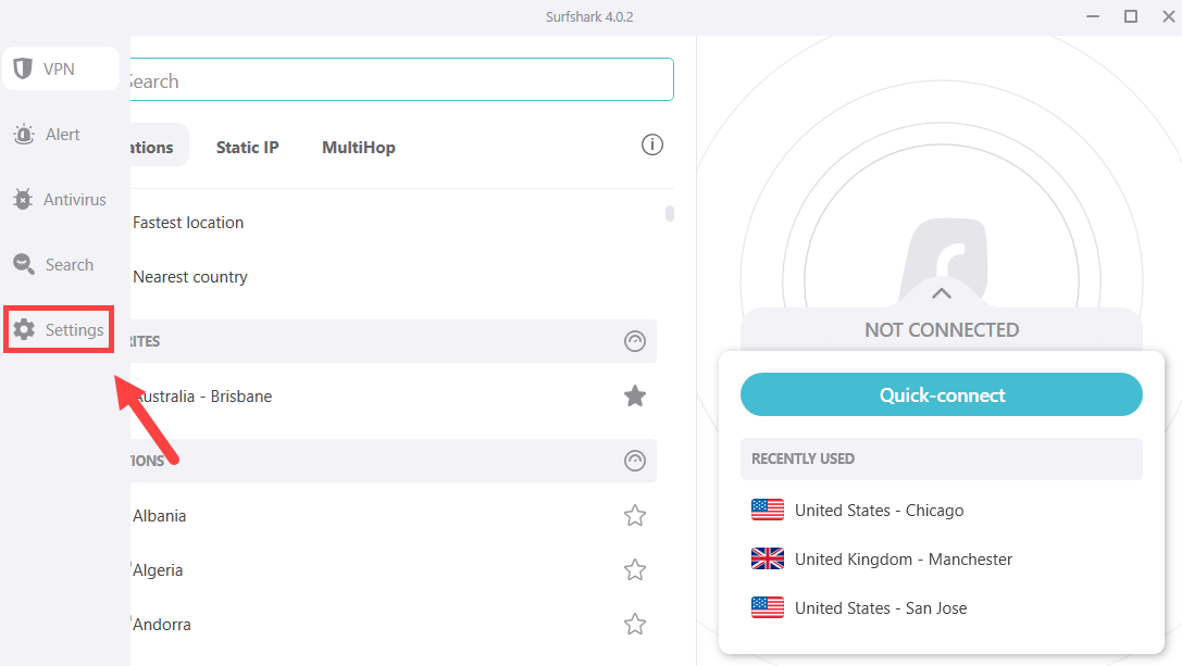 surfshark-settings-tab outside-USA