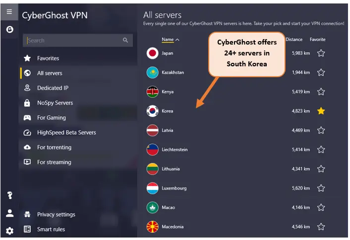 CyberGhost-app-showing-South-Korean-servers,-ideal-for-local-users.
