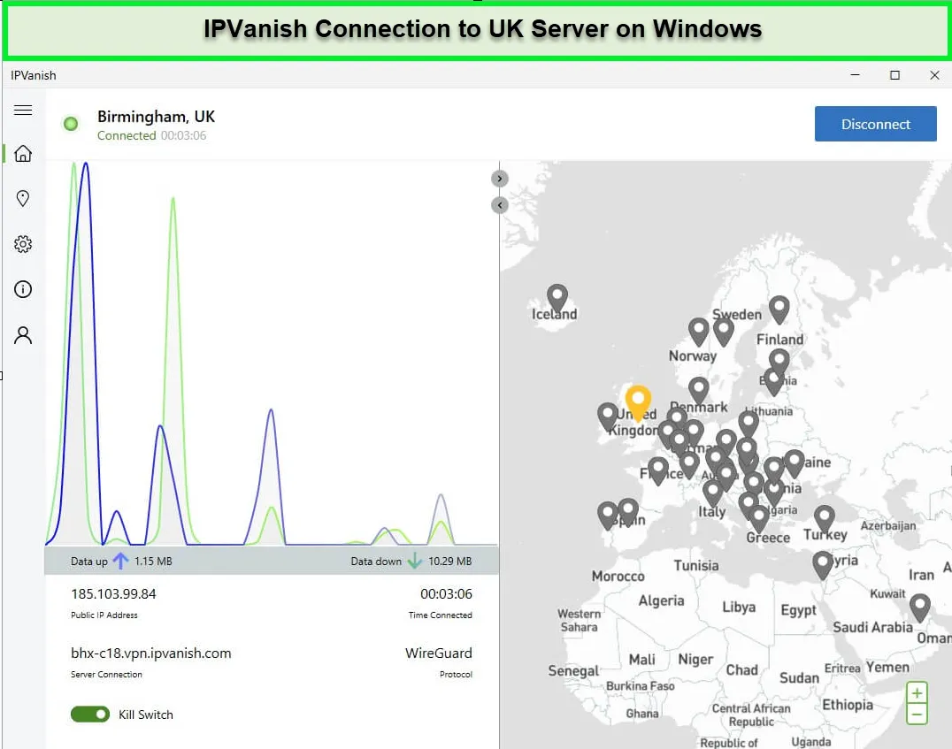 IPVanish-Windows-app-connected-to-UK-server-with-data-activity-and-WireGuard-protocol