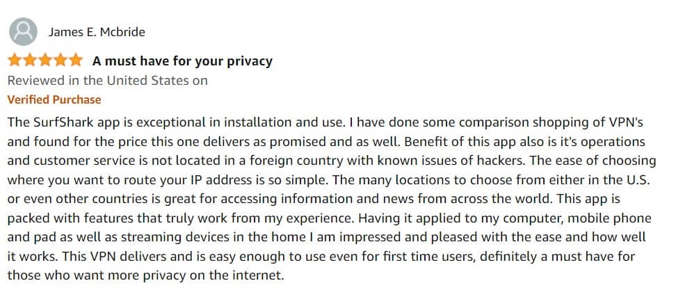 Revisión de usuario de Surfshark en la App Store de Amazon in - Espana